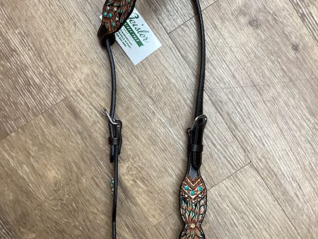 HEADSTALL: TWO TONE PAINTED FLORAL TURQ ONE EAR For Sale