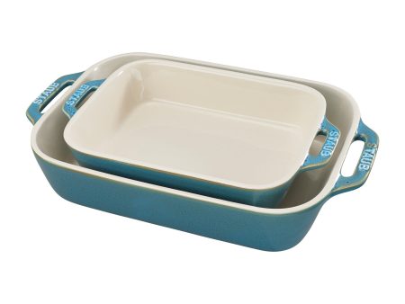 Staub Ceramic Rectangular Baking Dish Set, Casserole Dish, 2-Piece, Rustic Turquoise Online Sale